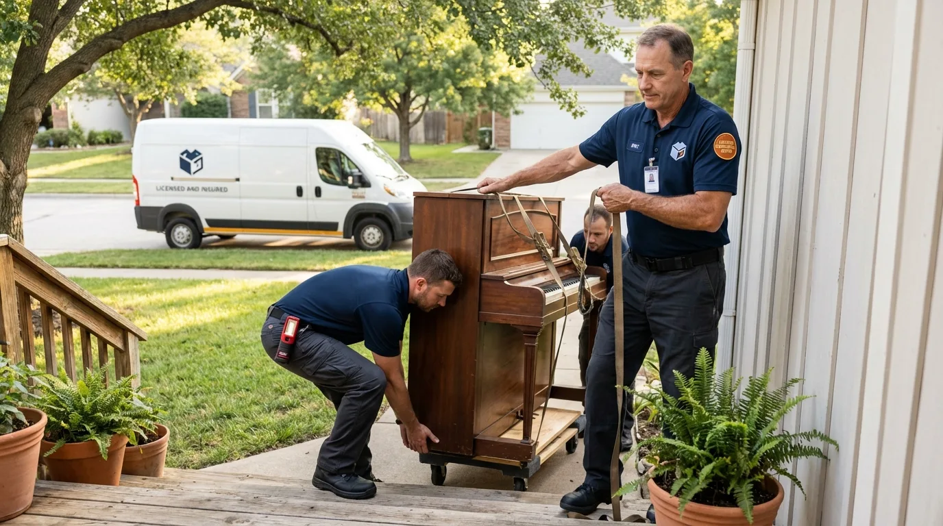 Licensed piano movers securing grand piano in Adrian, MN
