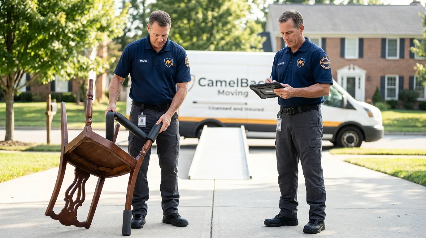 Movers inspecting furniture for damage prevention before loading in Adrian, MN